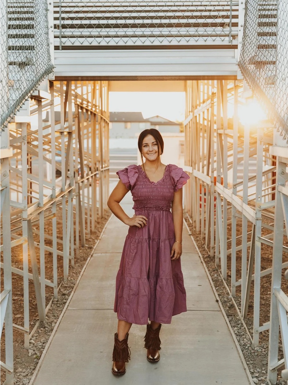 Cotton Poplin Ruffle Slv Smocked Bodice Midi Dress - Grape Nectar |BH